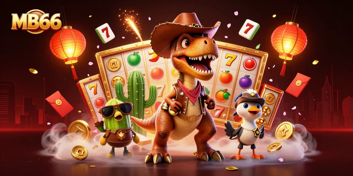 Experience the excitement at MB66 casino with a vibrant 3D illustration featuring dynamic characters and slot games.