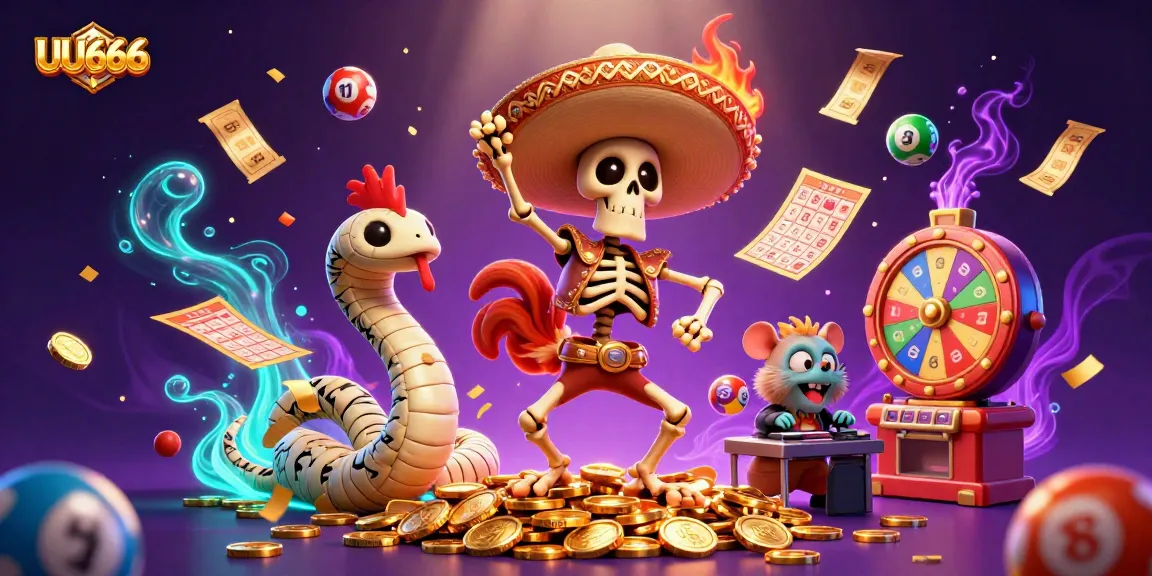 UU666 casino illustration with a dancing skeleton rooster and lottery elements, vibrant dynamic scene.