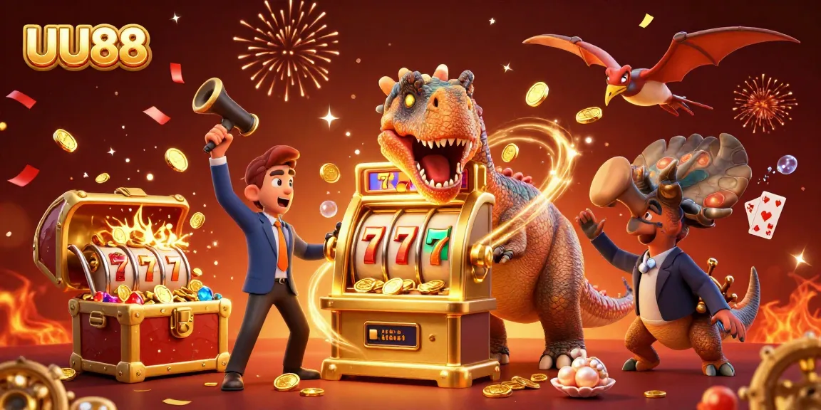 UU88 features a dinosaur headbutting a slot machine, surrounded by gold coins and casino elements.