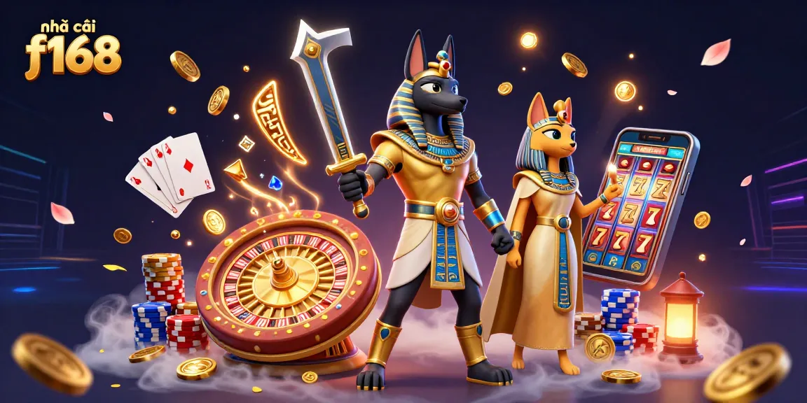 Experience thrilling gaming action at nhà cái f168 with Anubis and Bastet amidst cascading winnings.