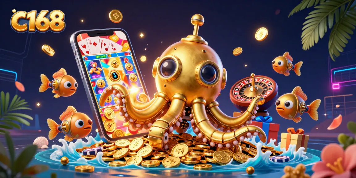 C168 brings excitement with a colorful slot game and golden coins in this dynamic casino-themed illustration