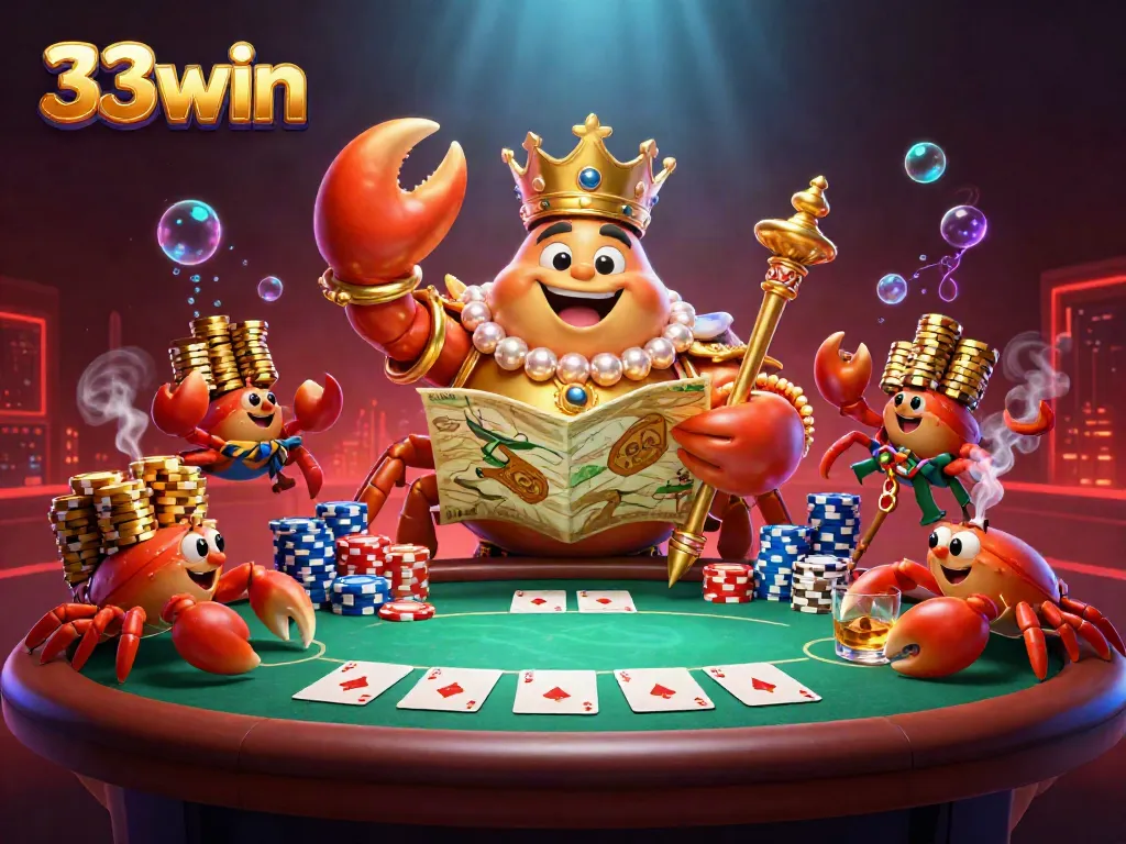 Engage with exciting gameplay at 33win, featuring a vibrant poker scene with a golden crab emperor.