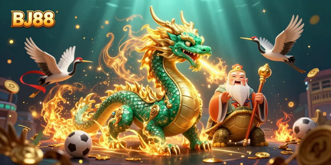Engage with BJ88's vibrant sports betting scene featuring a dragon and dynamic elements.