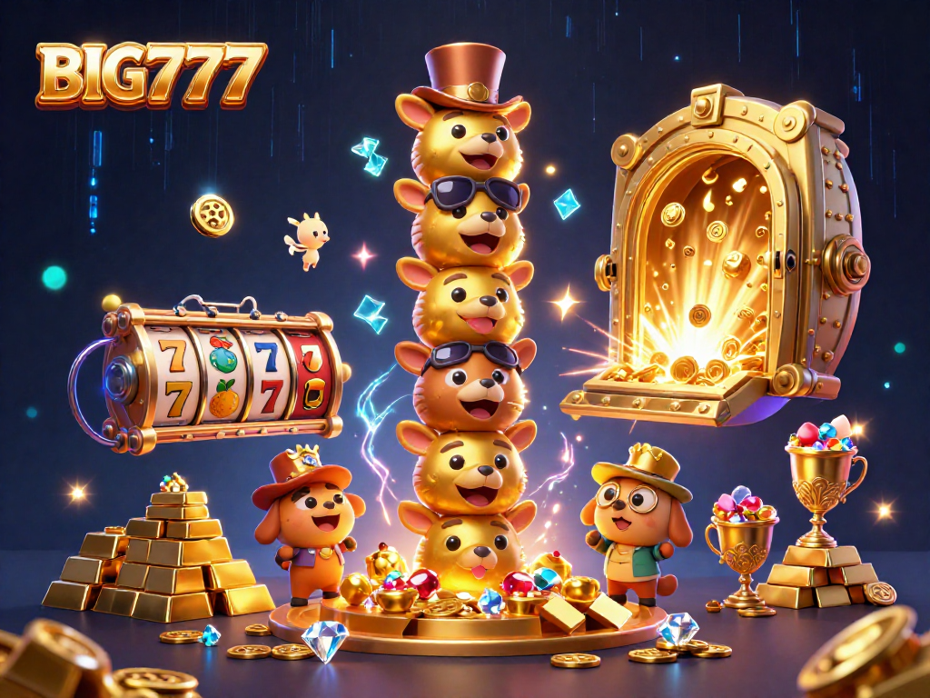 Spin the reels with BIG777 to see the animated golden totem and treasure in a vibrant casino scene.