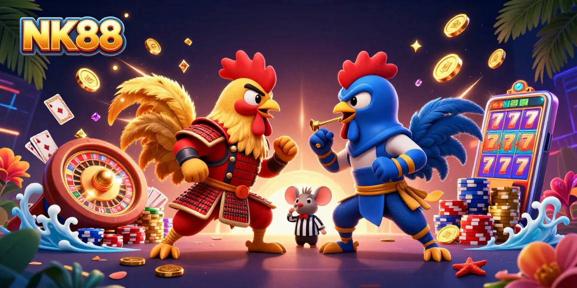 NK88 showcases a thrilling standoff between cartoon roosters amidst vibrant casino elements.