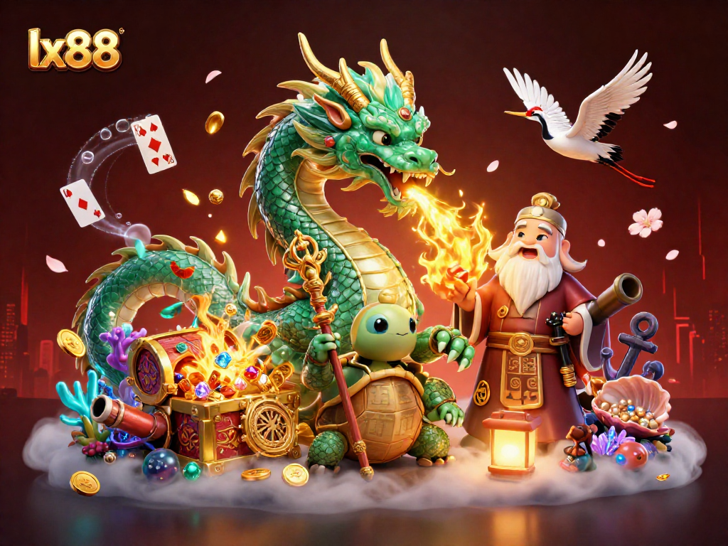 Experience thrilling gaming with lx88 in a vibrant 3D illustration featuring a dragon, turtle sage, and lucky cranes.