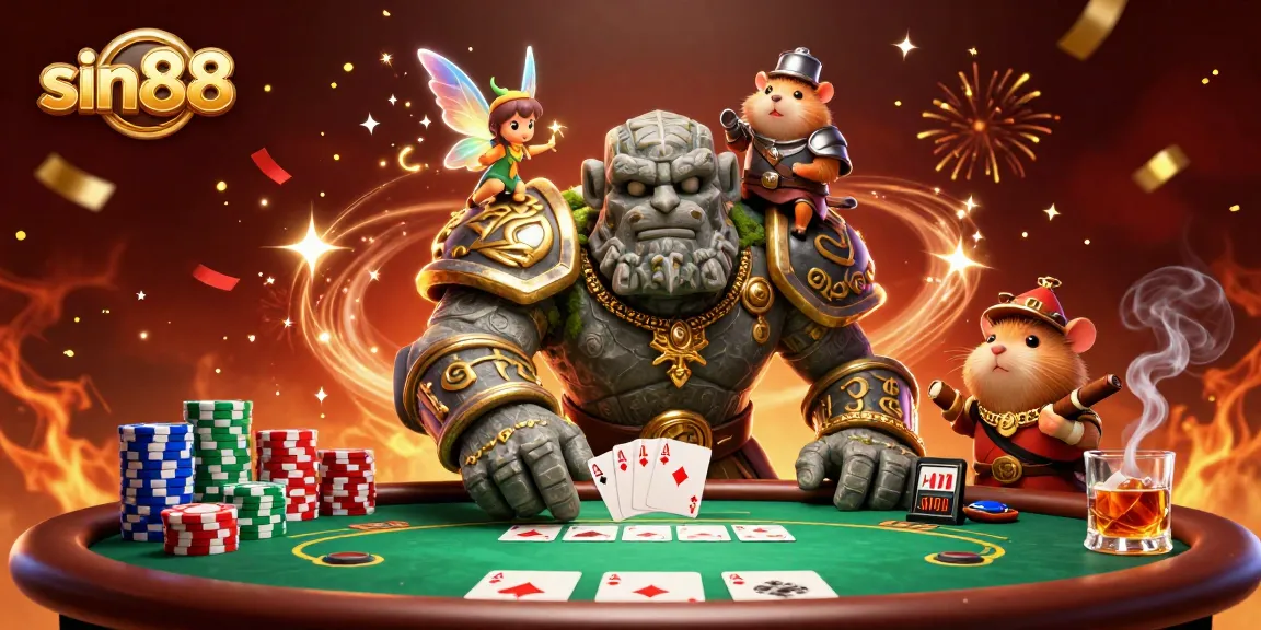 Experience thrilling poker action in sin88 with an ancient golem guardian, a fairy, and a hamster knight.