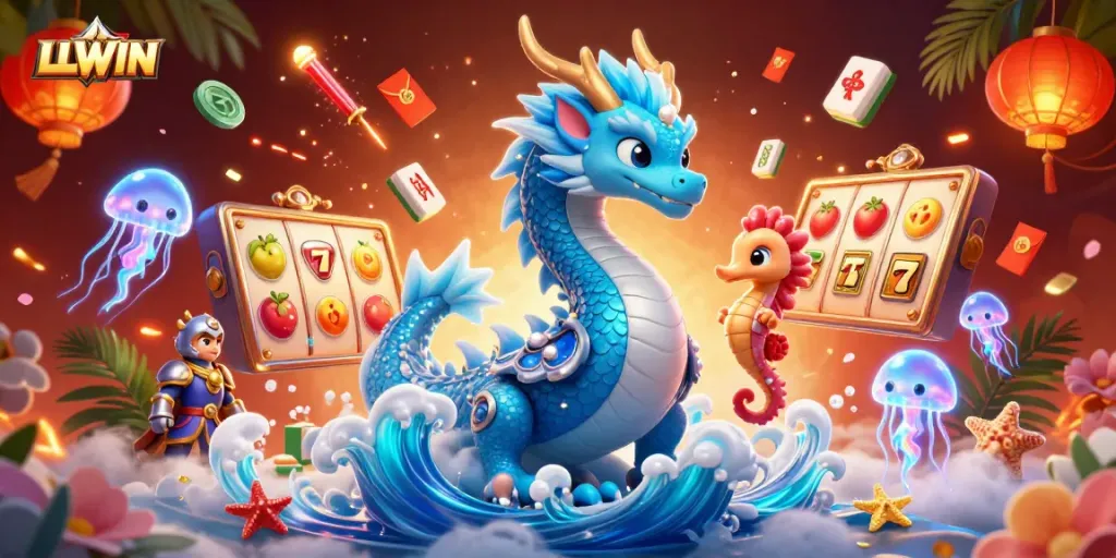Experience the excitement of LLWIN with a vibrant 3D casino scene featuring a azure water dragon and slot reels.