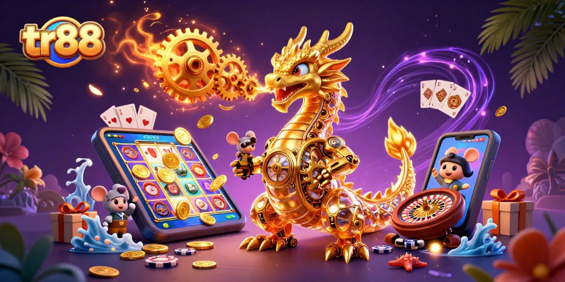 Experience thrilling gameplay with tr88 as golden gears and slot games collide in a vibrant casino scene.