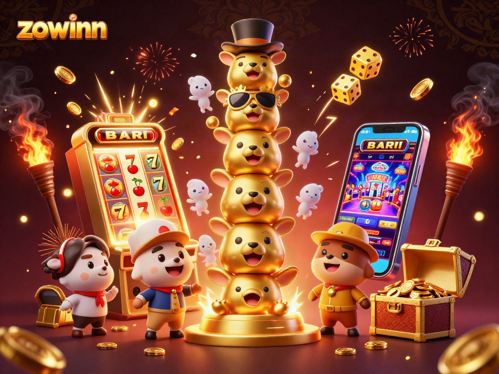 Zowinn energizes the casino experience with vibrant totem poles and dynamic slot machine action.