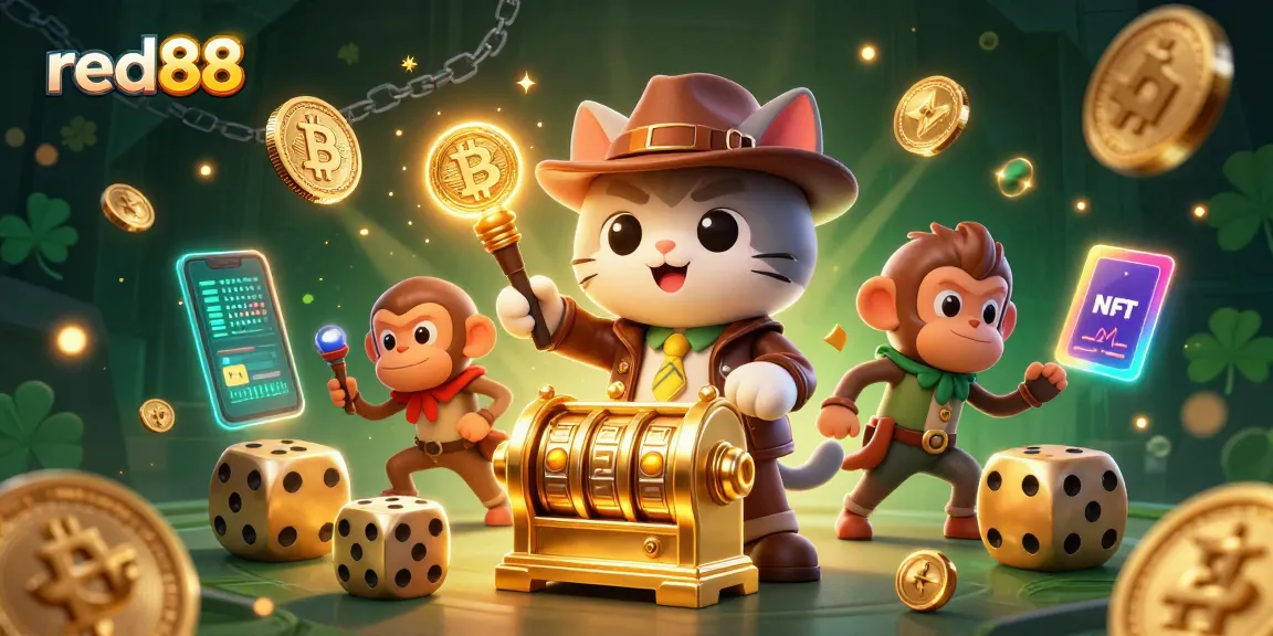 Experience the thrill of red88 with a vibrant illustration of a cat explorer uncovering casino treasures.