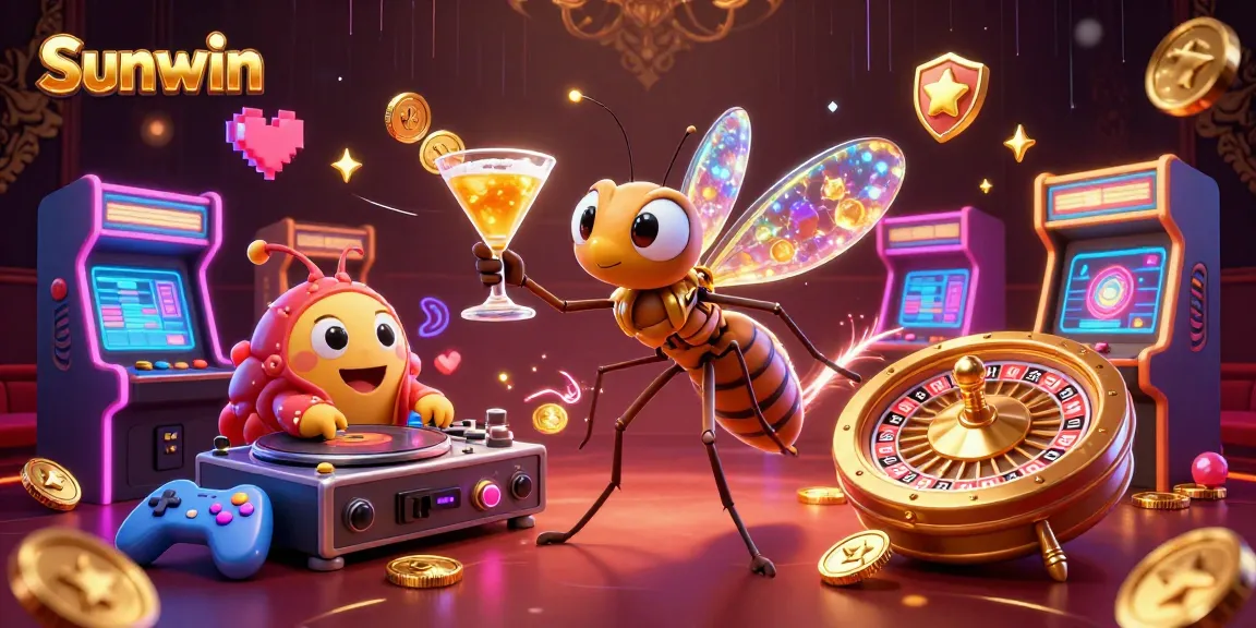 Sunwin casino mascot brings excitement with a golden cocktail in a vibrant, 3D gambling scene.