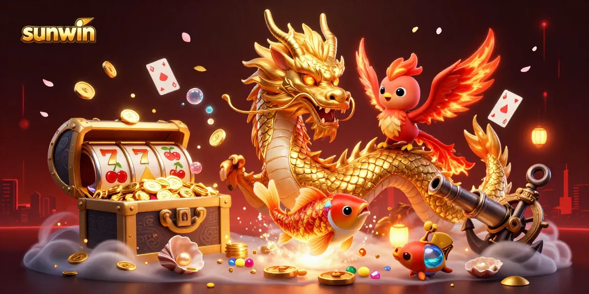 Experience the captivating world of sunwin with a vibrant illustration featuring magical creatures and casino motifs.