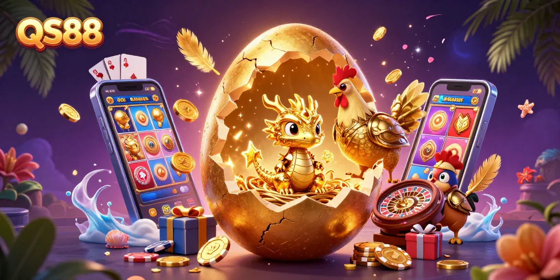 Spin the reels with QS88 as a golden dragon guards your winnings among poker chips.