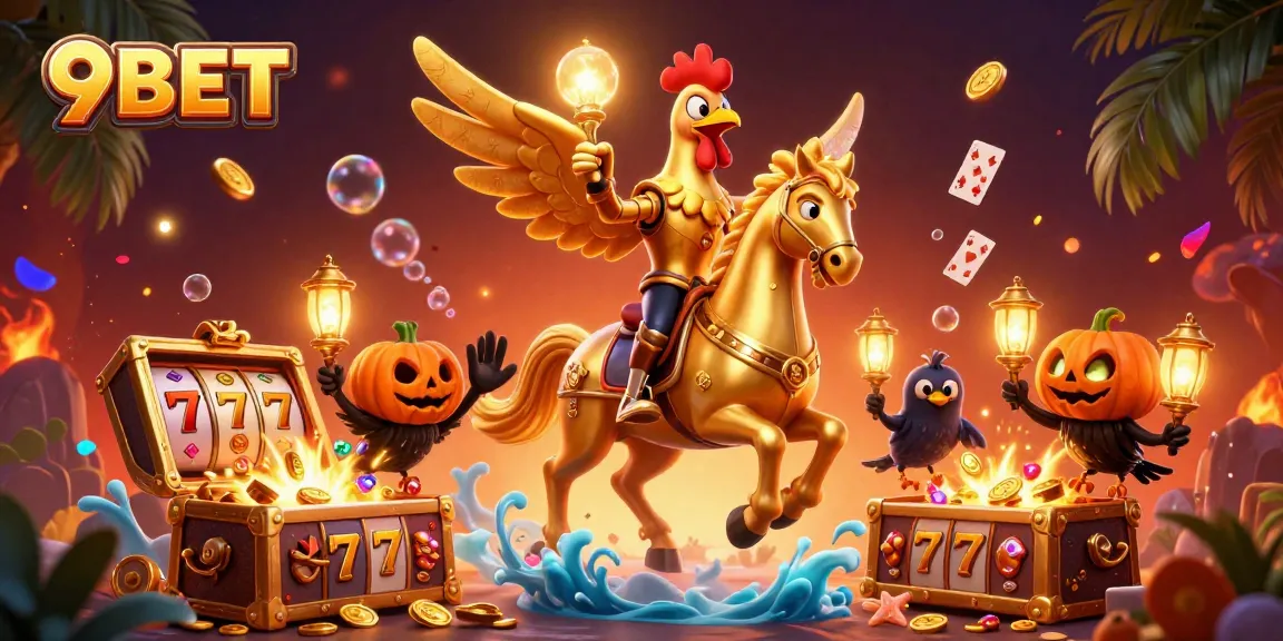 Engage with 9BET at a vibrant casino showcasing a golden rooster riding through slot games.