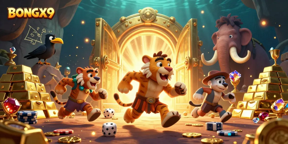 BONGX9 showcases a thrilling prehistoric casino scene with characters and dynamic gambling elements.
