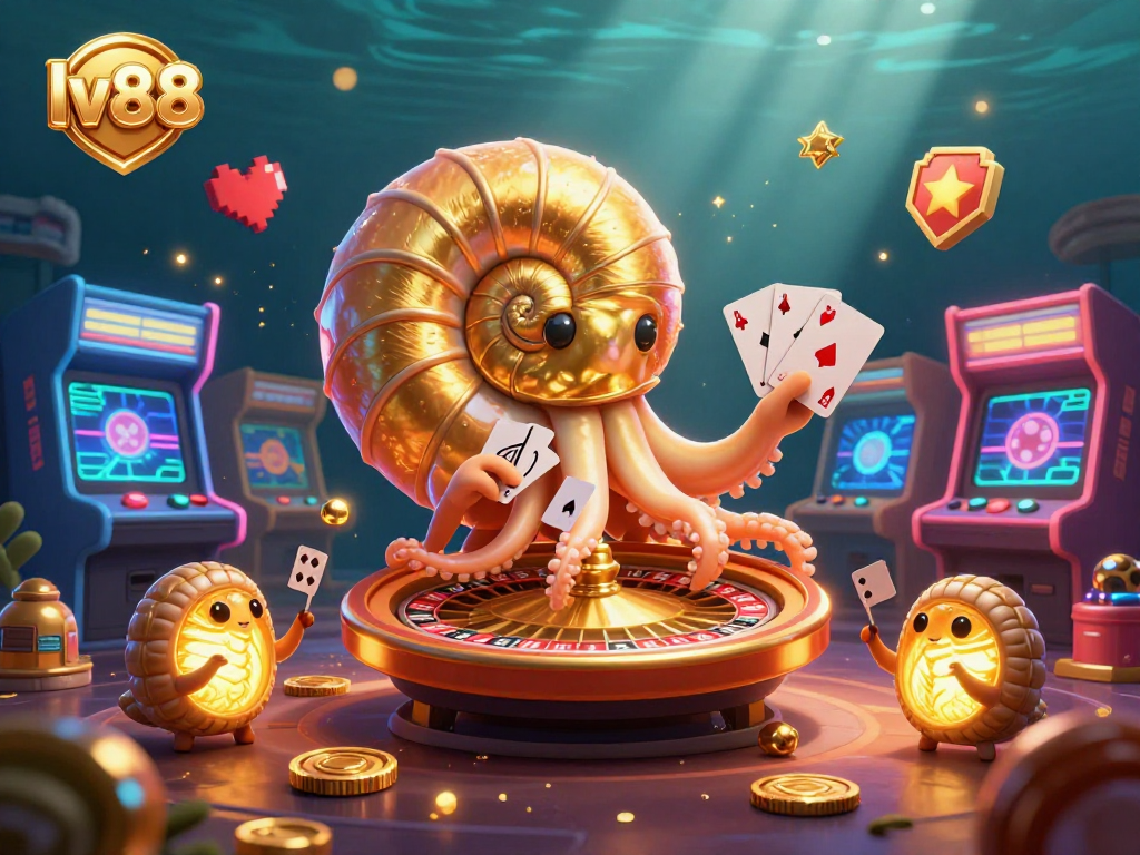 Experience the thrill of lv88 at this vibrant casino scene showcasing a giant nautilus roulette wheel with glowing companions.