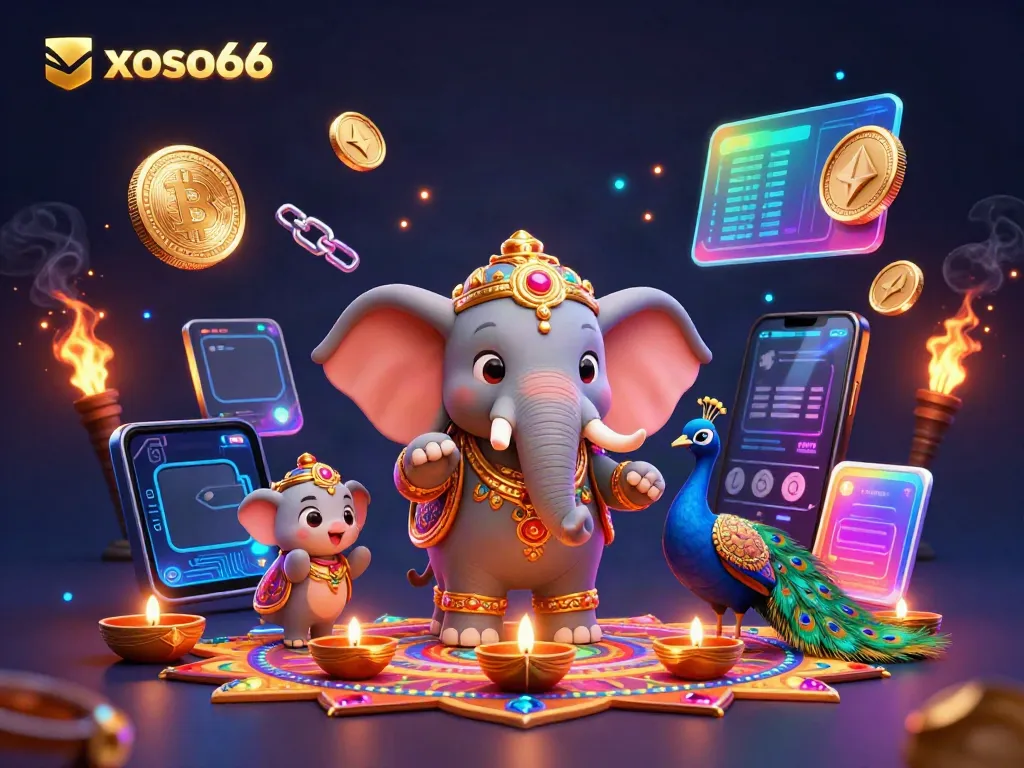 Engage with xoso66 in vibrant 3D digital art featuring colorful gambling themes and crypto elements.