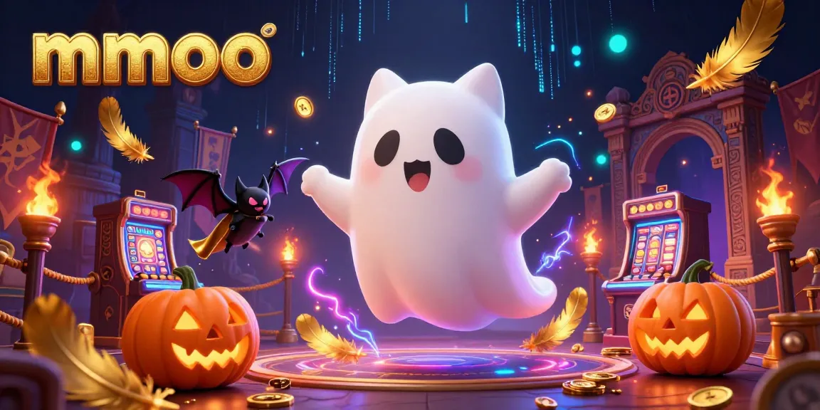 Experience mmoo's thrilling ghost cat slots adventure with luminous jack-o-lanterns and vibrant casino elements.