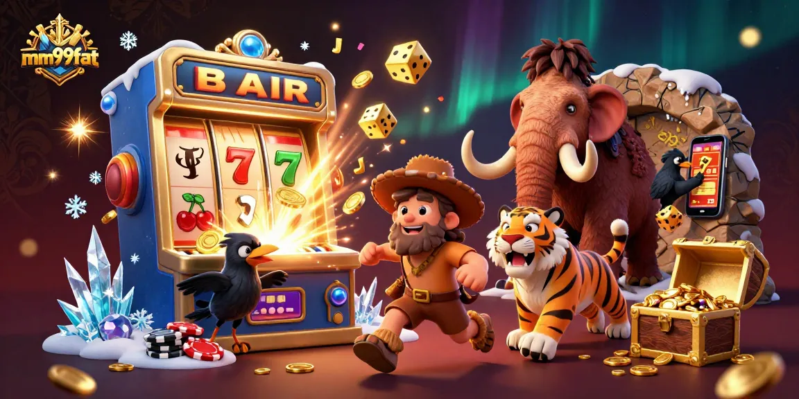 Experience thrilling gameplay at mm99fat with a lively prehistoric casino scene featuring jackpot elements.
