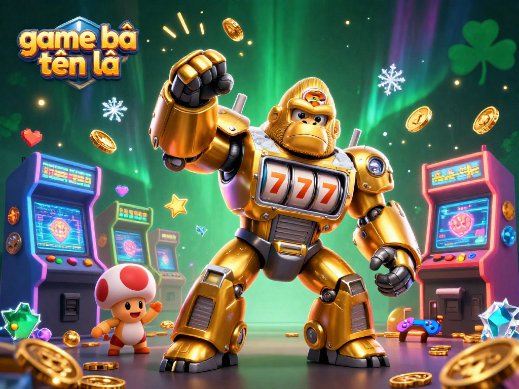 Experience game bài tiến lên with an exciting 3D scene featuring a golden gorilla mech and arcade machines.