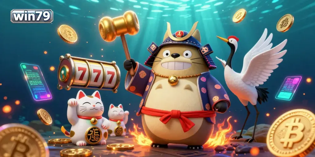 Experience excitement with win79 at a festive casino scene featuring a cheerful tanuki, game elements, and vibrant maneki-neko.