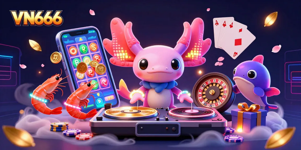 Experience vibrant gambling energy with VN666's animated axolotl DJ and colorful slot themes.