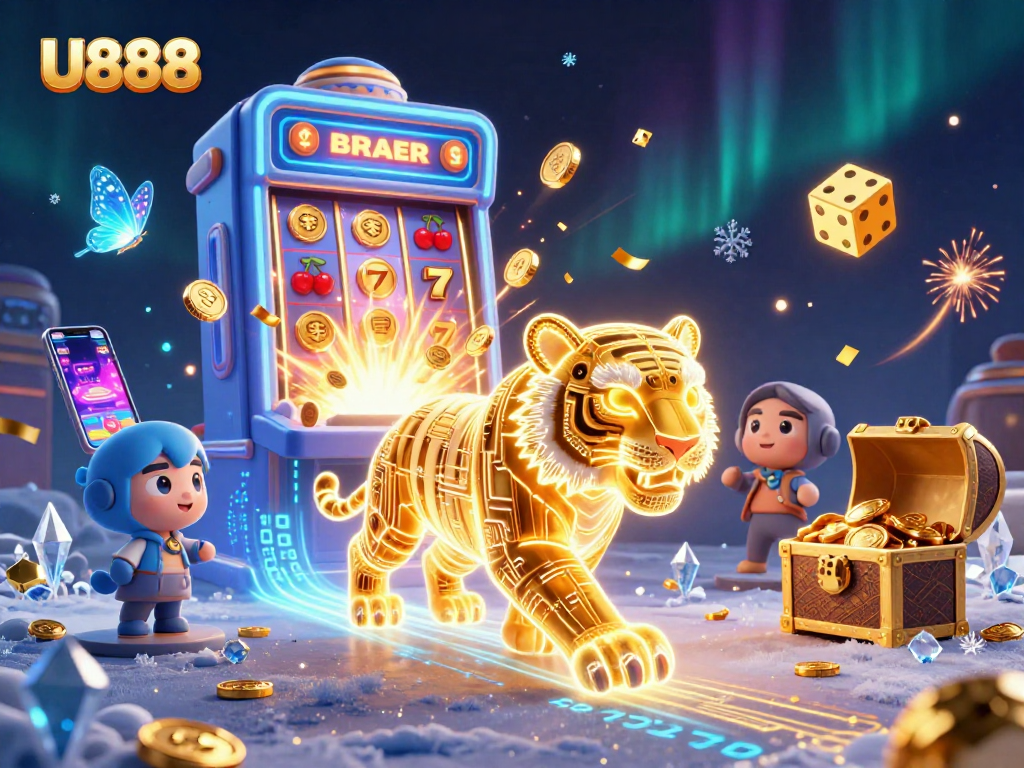 U888's golden tiger leads players through a vibrant digital casino with jackpots and holographic elements.