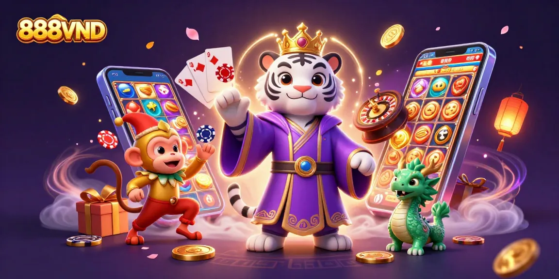 Experience thrilling gaming at 888VND with the enchanting tiger, monkey, and dragon in a vibrant casino setting.