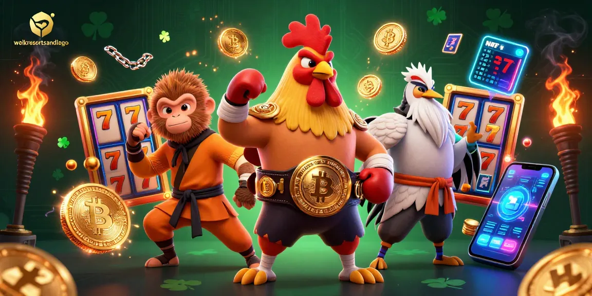 Engage with the thrilling gaming experience at welkresortsandiego featuring slot reels, cryptocurrency elements, and dynamic characters.