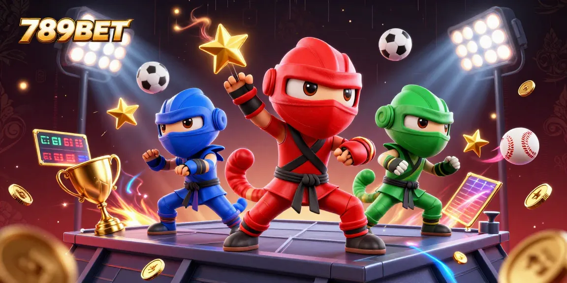 Experience thrilling games at 789BET with our vibrant and energetic illustration of colorful chameleon ninjas and sports elements.
