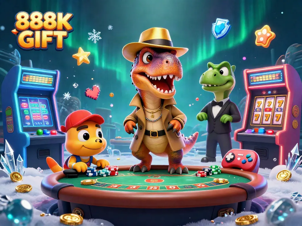 Experience thrilling casino action with 888K GIFT in a dynamic scene featuring a velociraptor card counter.