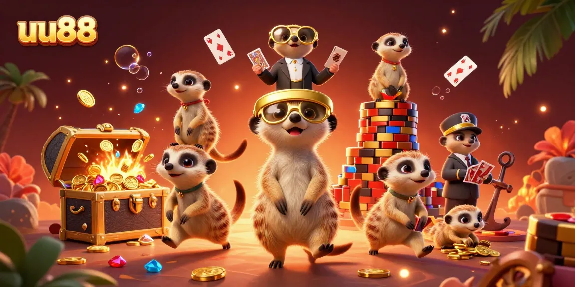 uu88 casino meerkats operating a vibrant gaming scene with gold coins and cards.