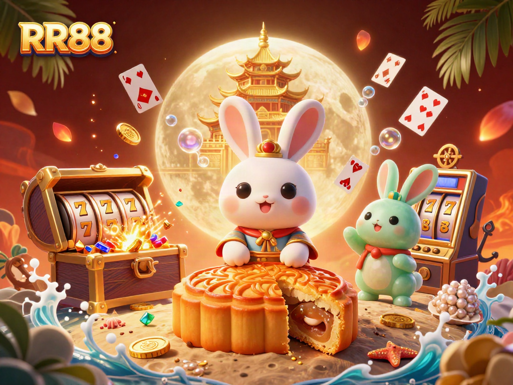 RR88 offers vibrant casino action with a moon rabbit and jade companion amid bursting jackpots.