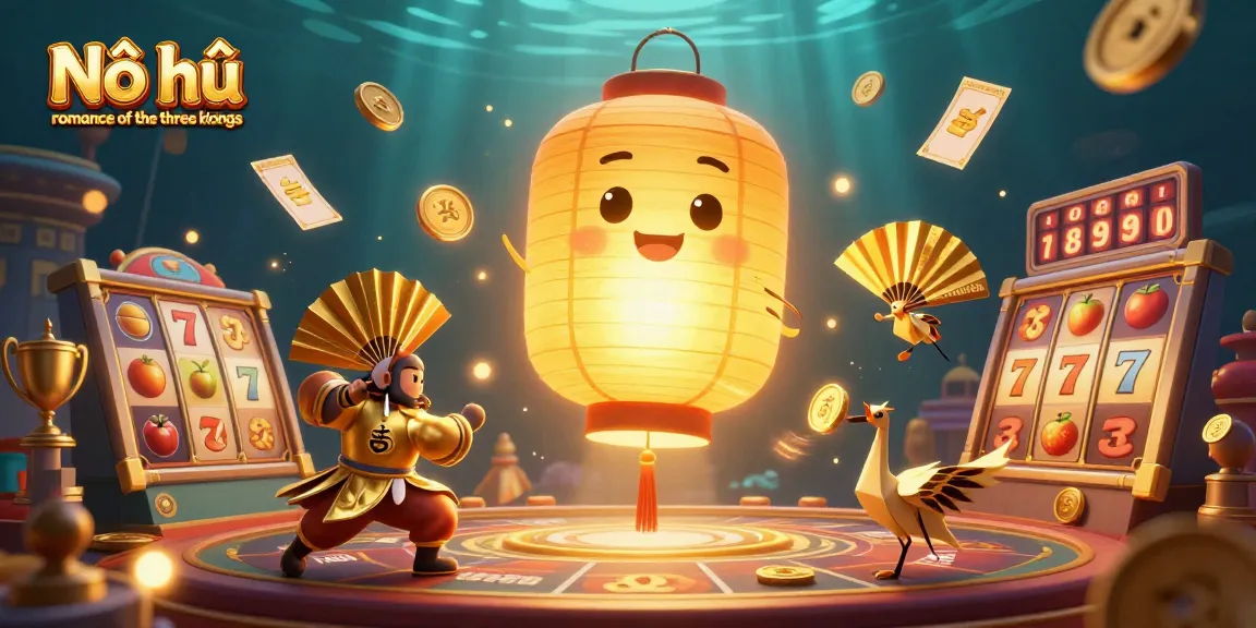 Nổ hũ romance of the three kingdoms showcases a vibrant casino scene with illuminated characters and spinning slot reels.