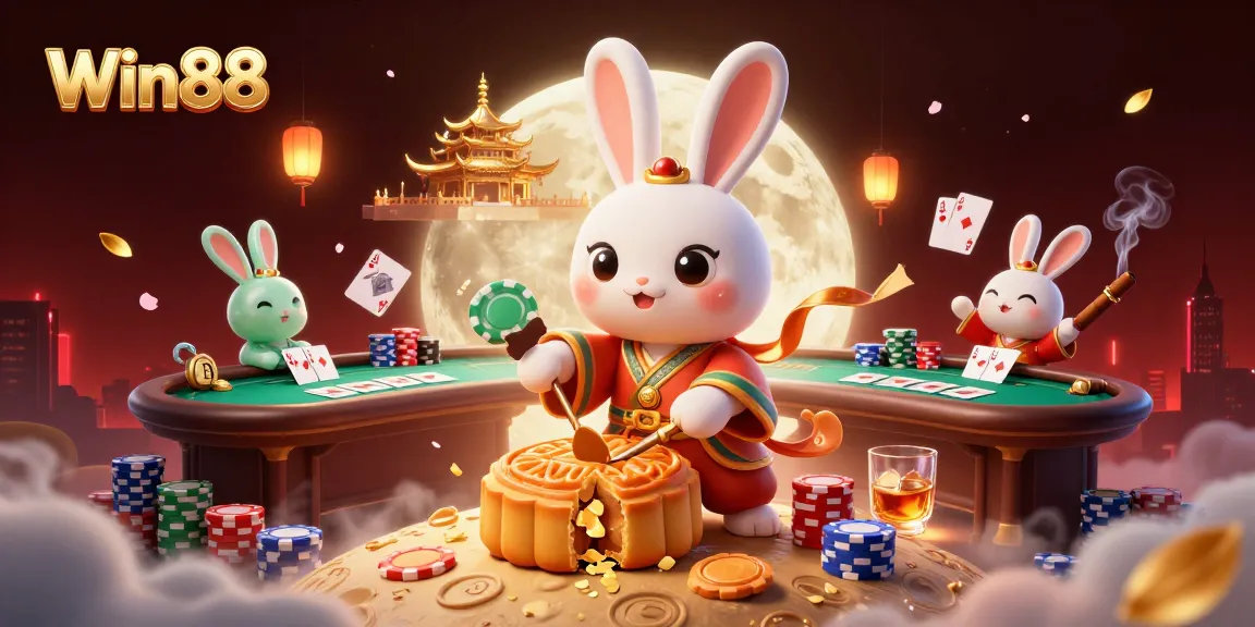 Win88 engages players with a vibrant scene of the moon rabbit celebrating gambling icons and poker.