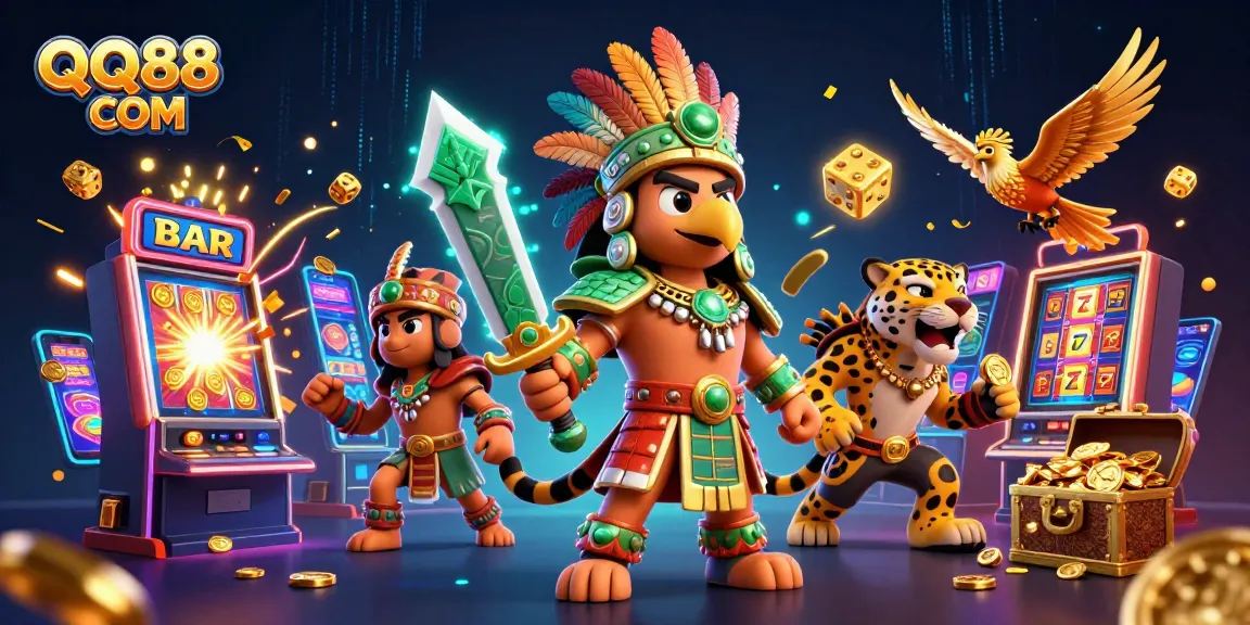 Spin slots and win big with QQ88 COM, featuring epic warriors and casino elements in vibrant 3D art.