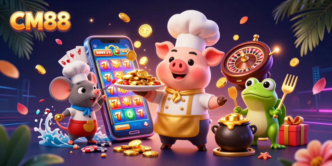 Experience exciting gambling with CM88, showcasing vibrant casino characters and slot games.