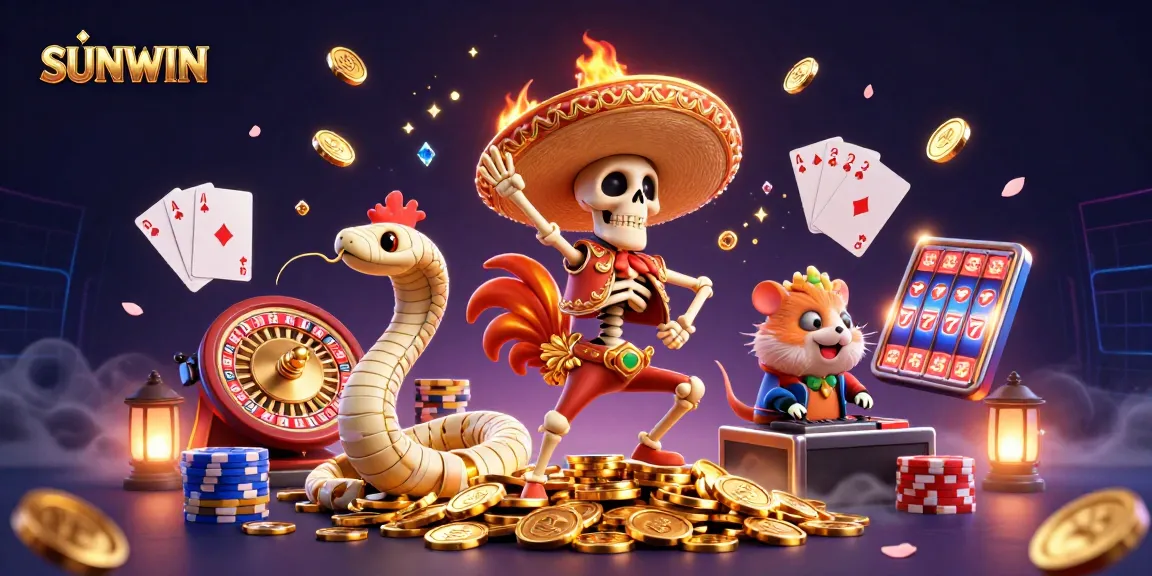 SUNWIN offers thrilling gaming experiences as the skeleton rooster celebrates victory with coins flying around.