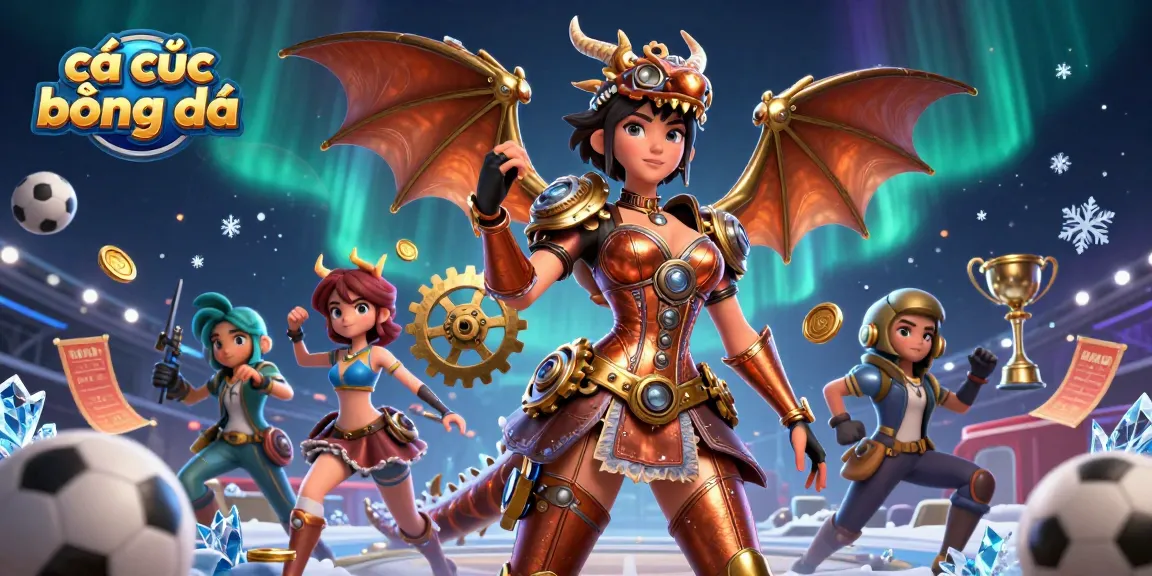 Engage in cá cược bóng đá with dynamic sports betting elements, featuring a steampunk character and a clockwork dragon.
