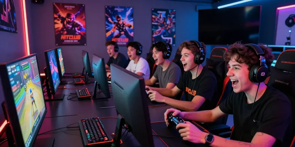 A lively gaming group enjoying HITCLUB in a vibrant, LED-lit room, showcasing their gaming devices and teamwork.