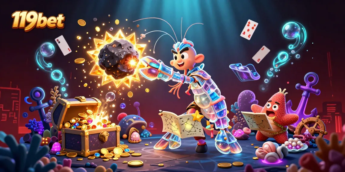 Engage in the thrill of 119bet with a vibrant depiction of underwater treasure, games, and excitement.