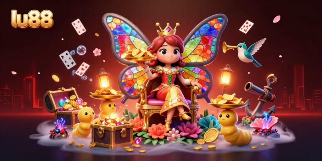 Experience thrilling gaming action with lu88's vibrant casino world, featuring a butterfly queen and treasure amidst glowing gems.