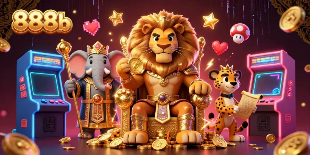 Engage with dynamic casino fun at 888b featuring a lion king, elephant, and cheetah.