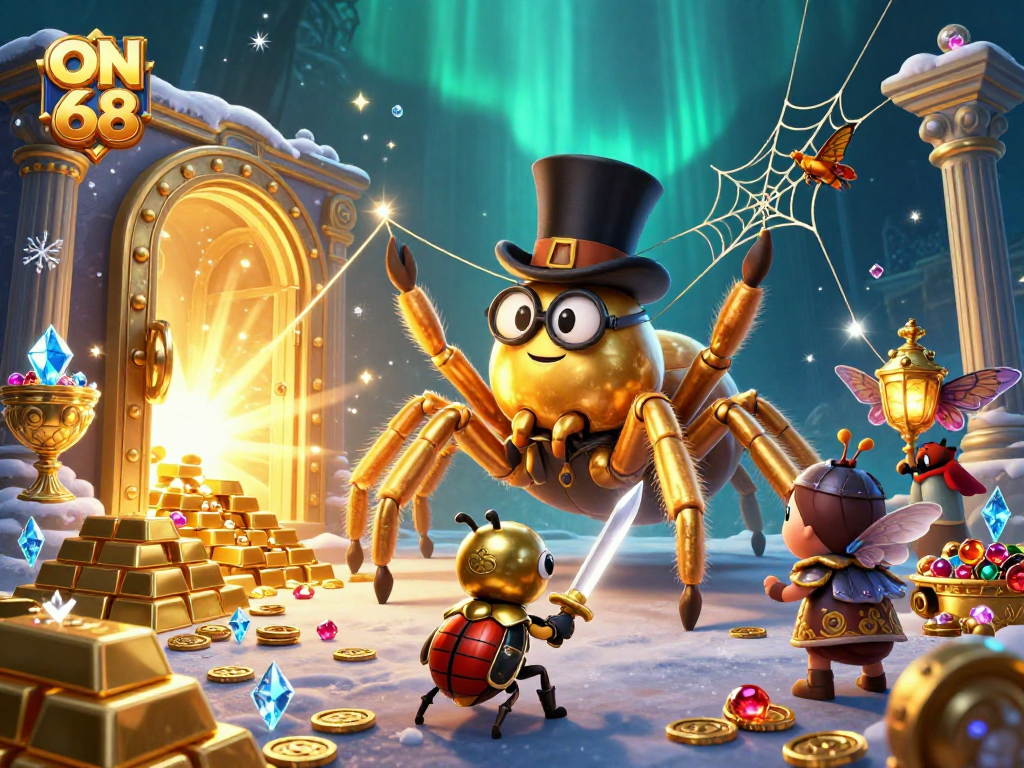 Experience the thrill of ON 68 with a giant golden tarantula and beetle knight in a vibrant casino illustration.