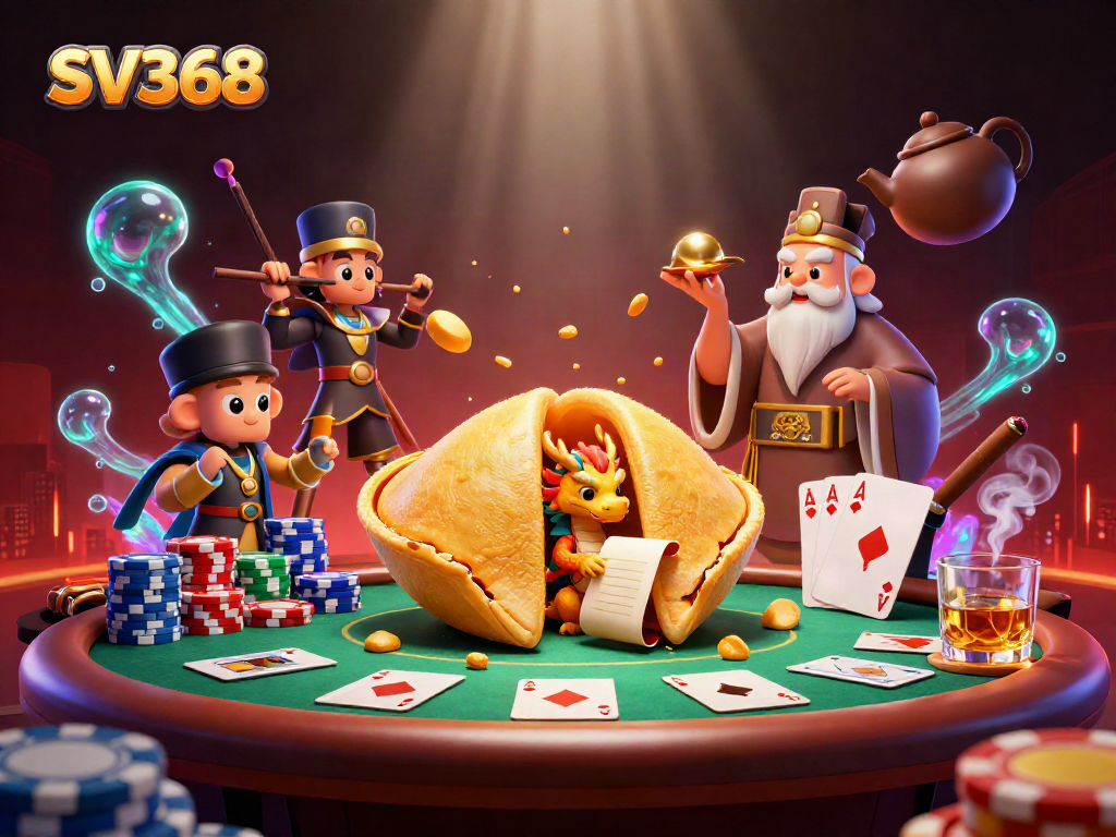 Engage with SV368's dynamic casino scene featuring a golden fortune cookie and poker elements.