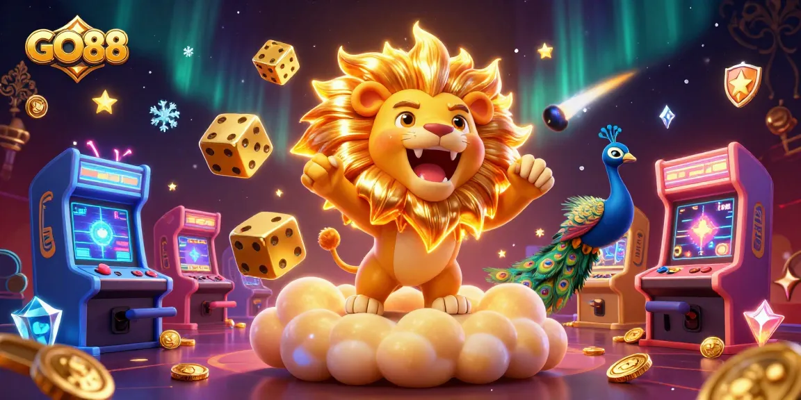 Experience the thrill of GO88 with a roaring lion and casino elements in a vibrant atmosphere.