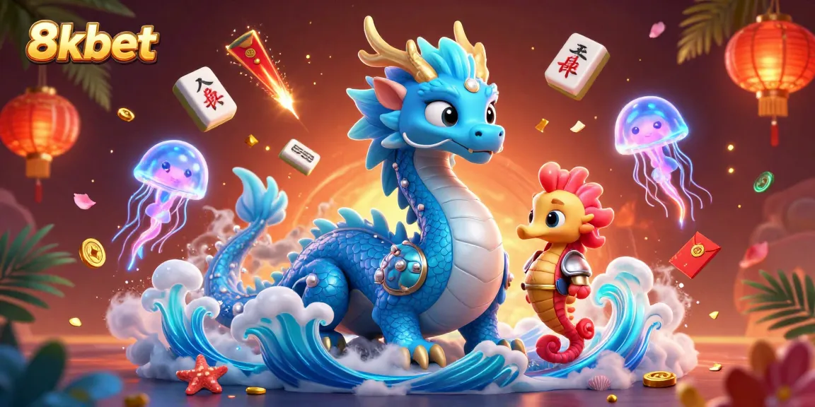 Experience gaming thrills with 8xbet's vibrant 3D illustration featuring a majestic water dragon and coral knight.