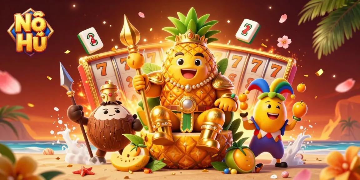 Nổ Hũ jackpot excitement with the golden pineapple king and rich casino elements in a vibrant 3D illustration.