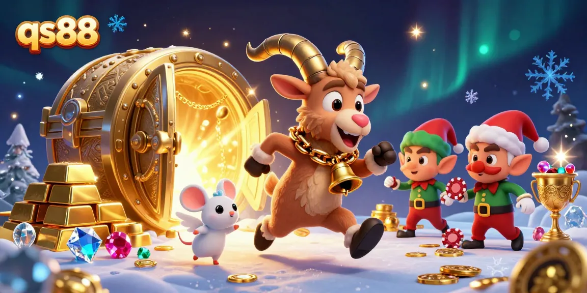 Experience the excitement of qs88 at a holiday-themed casino with festive characters and dazzling treasures.